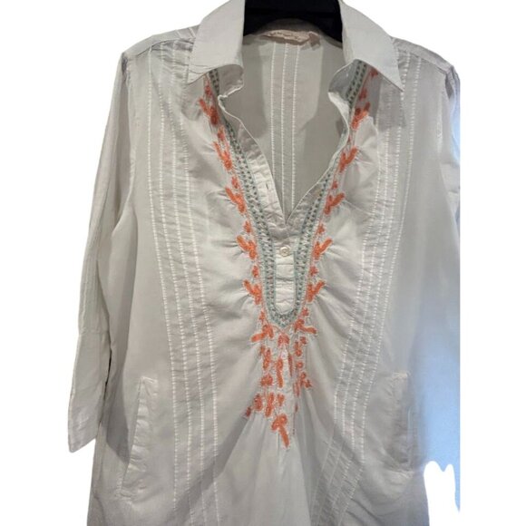 Soft Surroundings Womens Embroidered Tunic Blouse PL Cotton White & Orange‎ - Picture 4 of 6